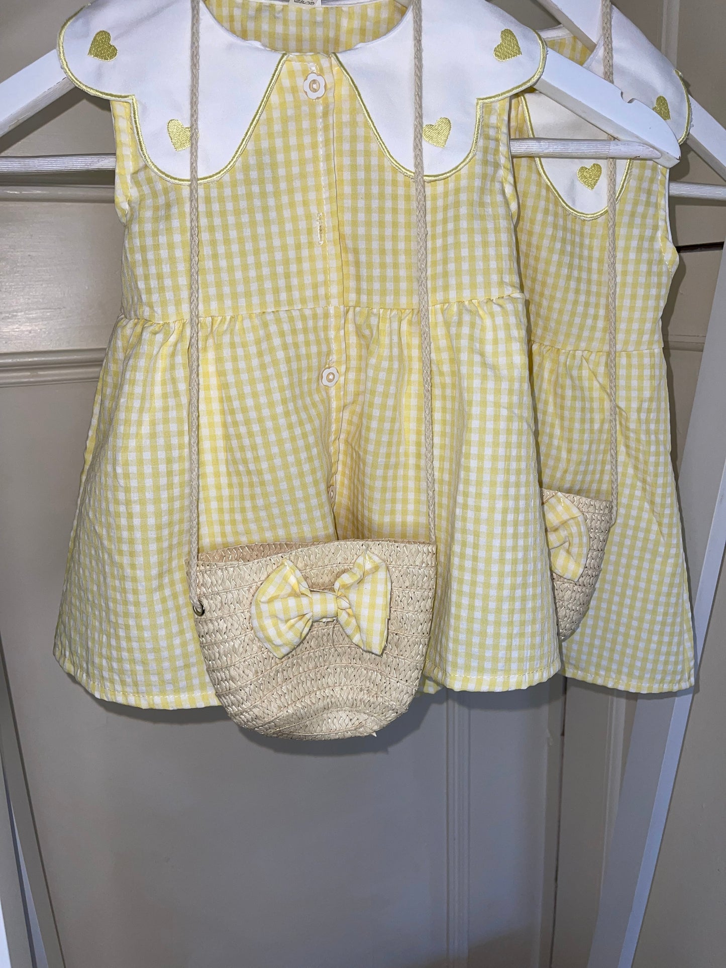Summer Yellow Dress Embroidered Flip Collar with Matching Bag