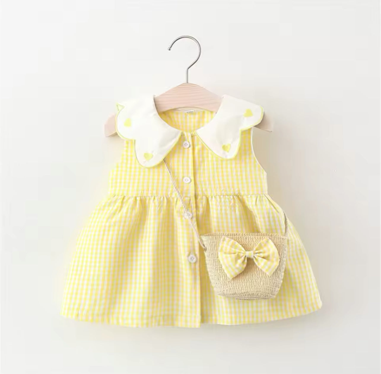 Summer Yellow Dress Embroidered Flip Collar with Matching Bag