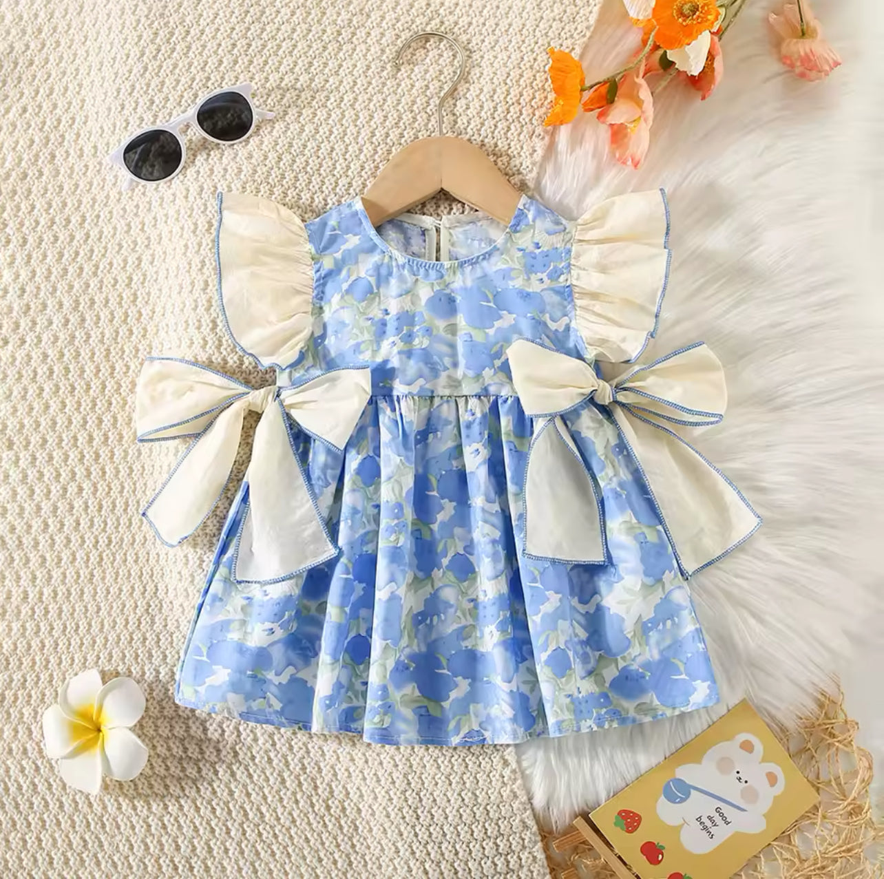 Summer Girl White & Blue Dress w 2 Bows
