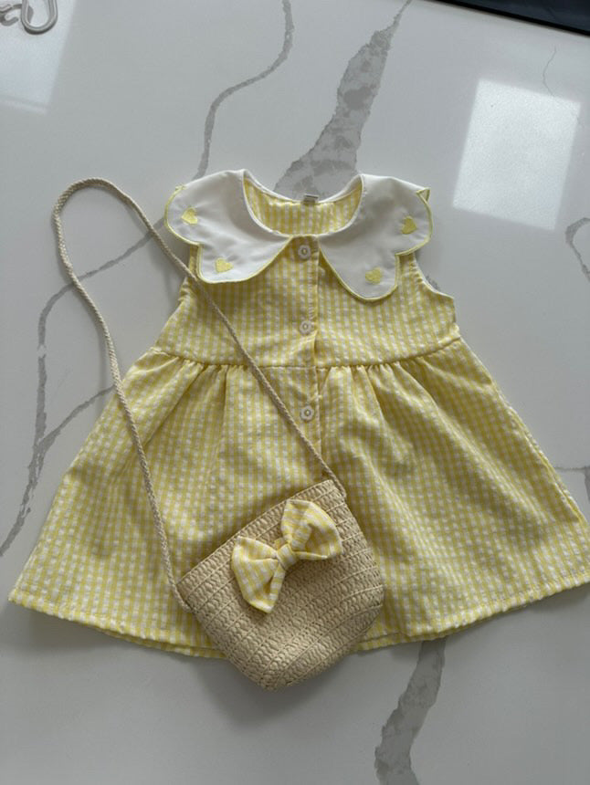 Summer Yellow Dress Embroidered Flip Collar with Matching Bag