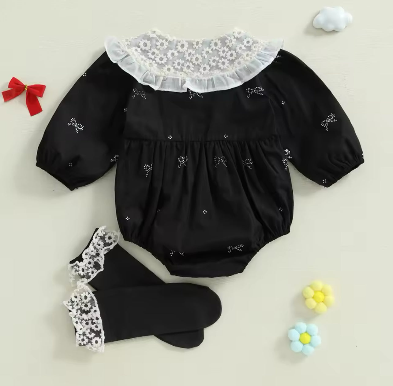 B&W Lace Romper with Matching Socks