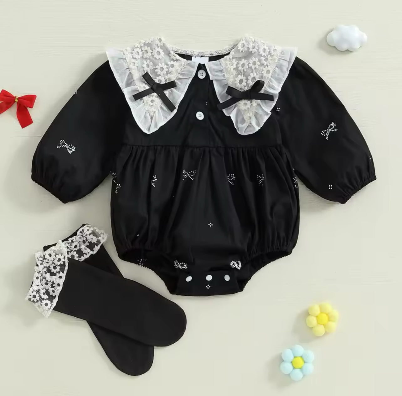 B&W Lace Romper with Matching Socks