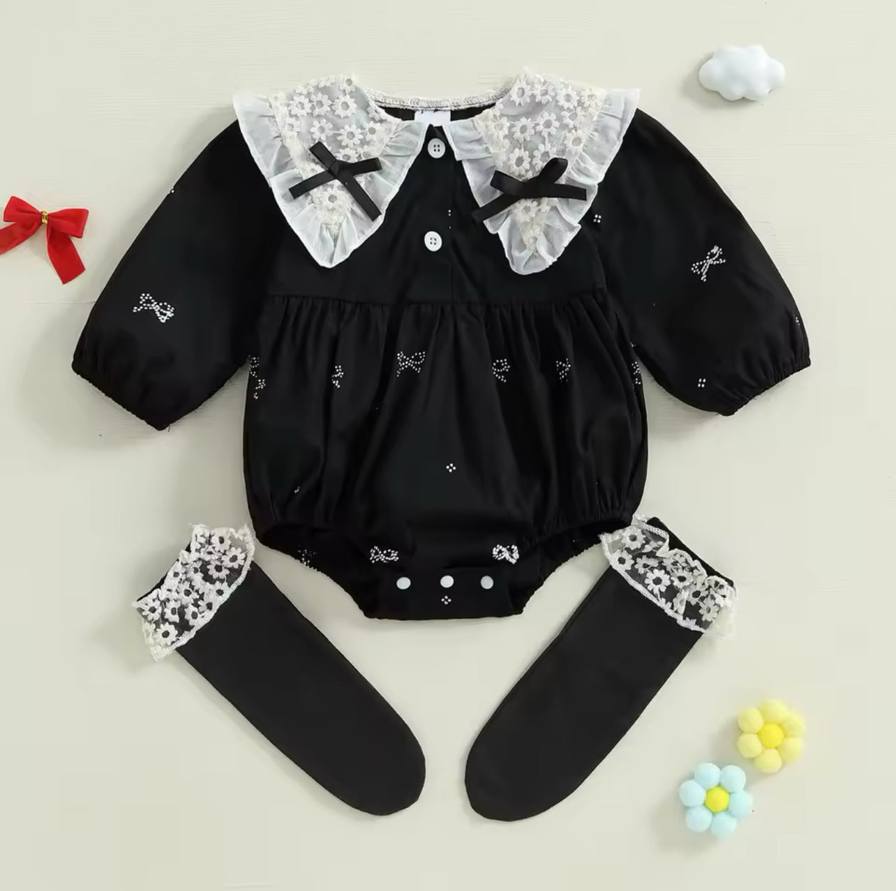 B&W Lace Romper with Matching Socks