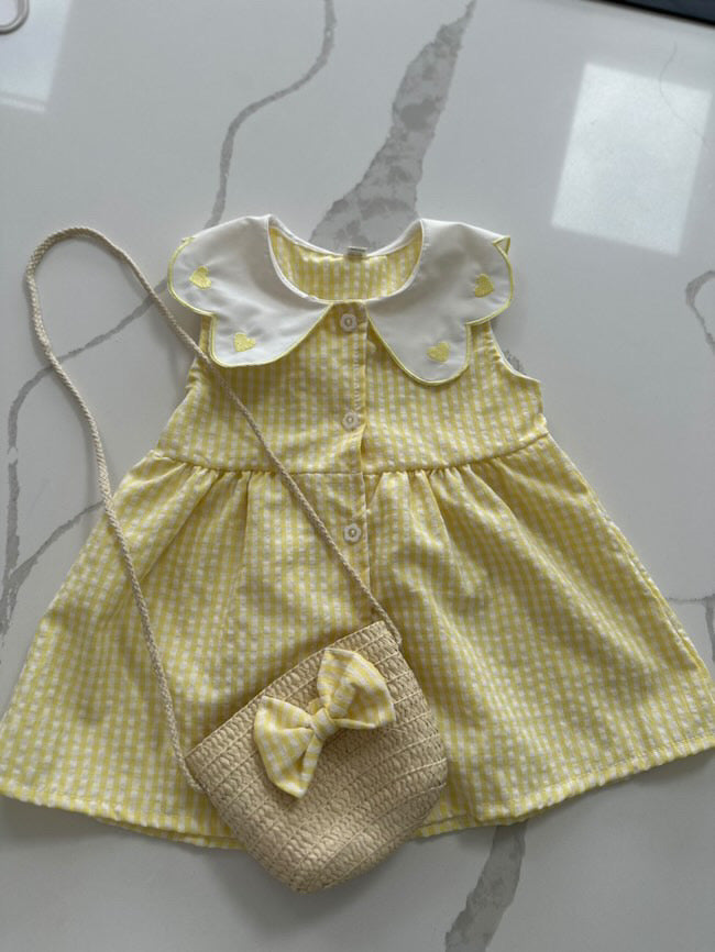 Summer Yellow Dress Embroidered Flip Collar with Matching Bag