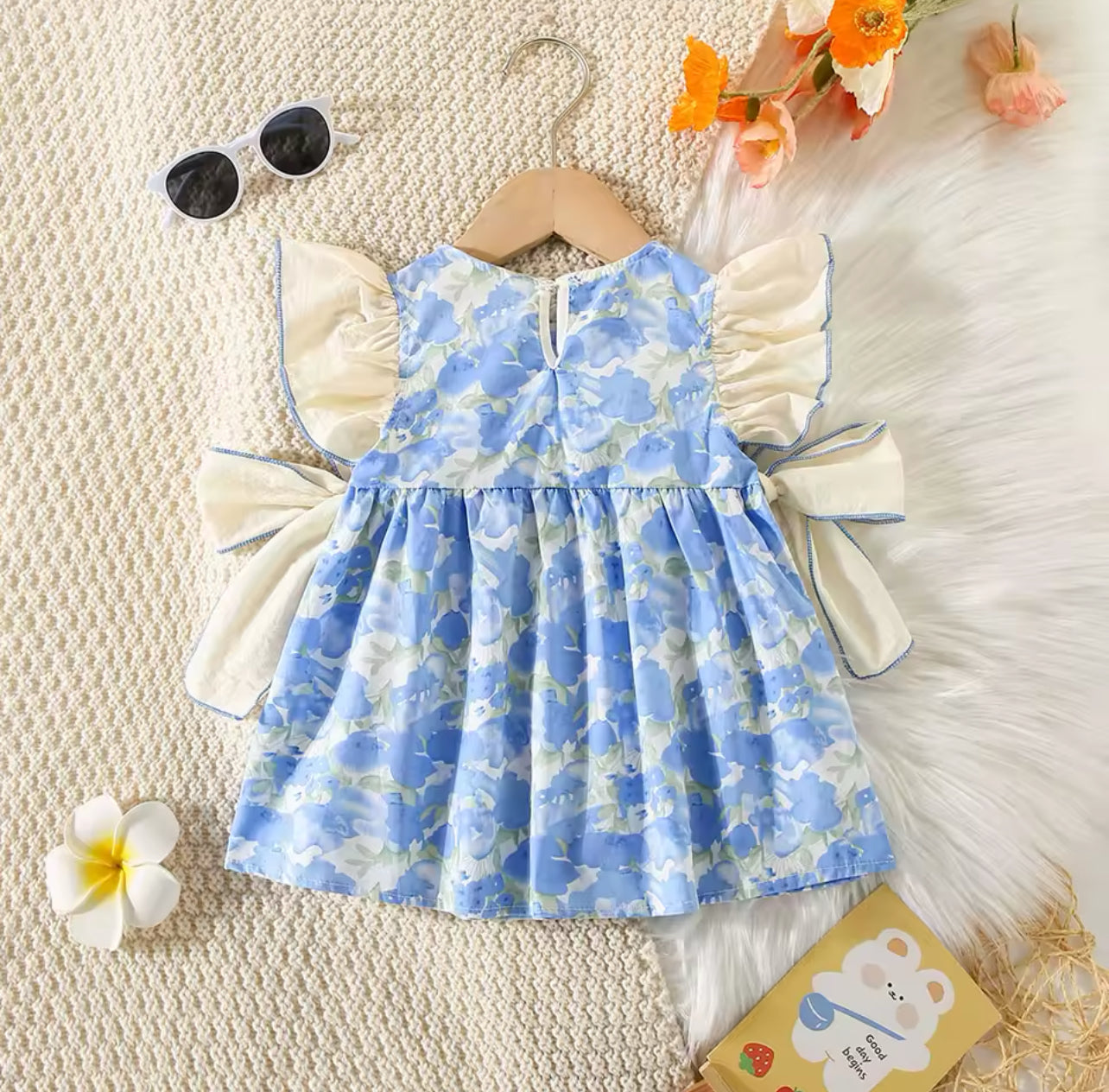 Summer Girl White & Blue Dress w 2 Bows